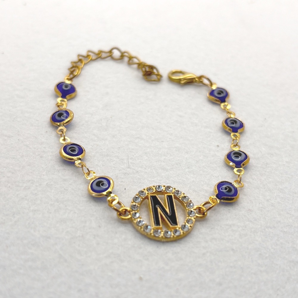 Bracelet Initial N Gold Tone Blue Evil Eye Lobster Clasp Boho Spiritual
